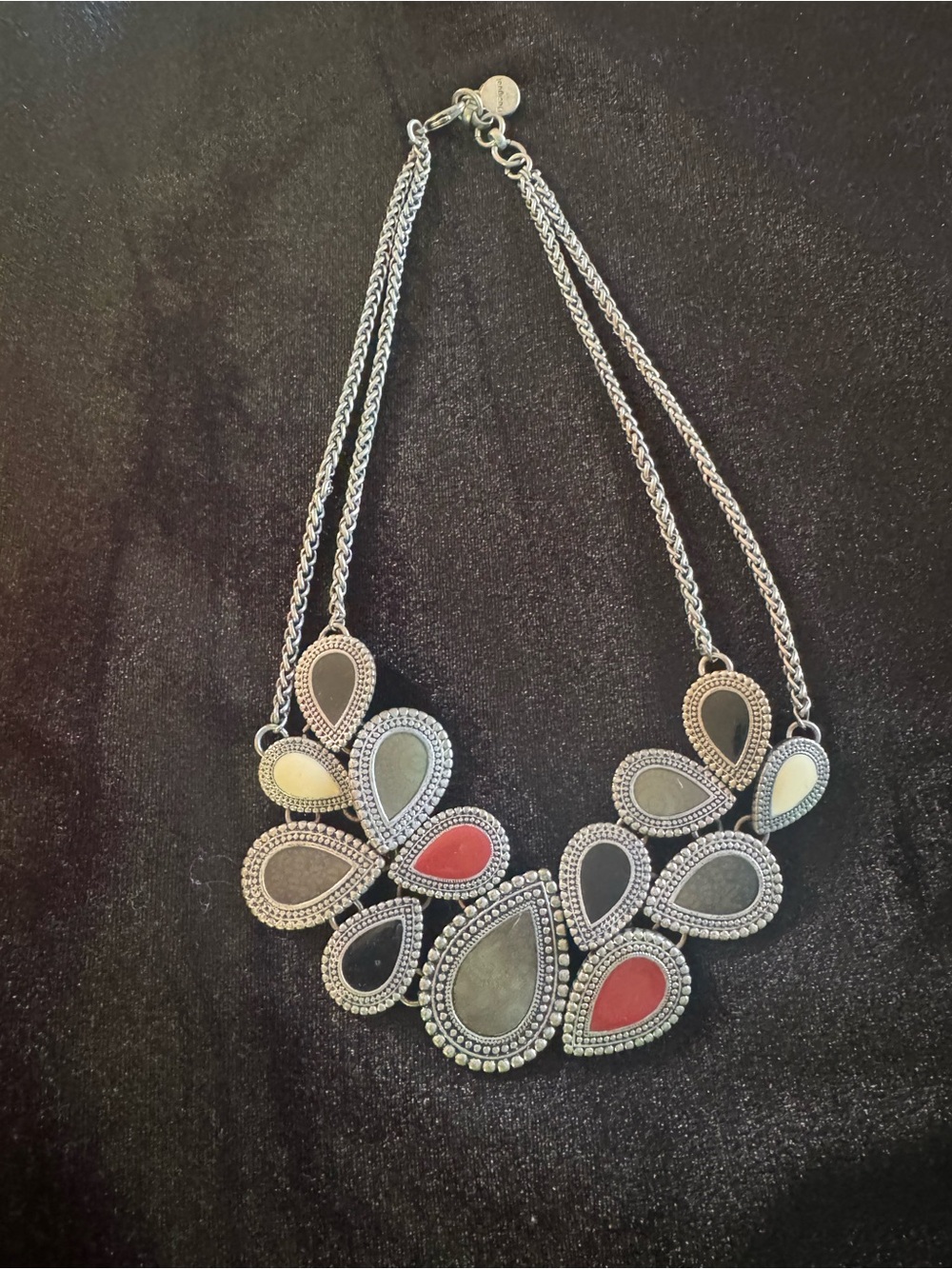 Desigual Silver-Tone Multi-Teardrop Necklace with Red and Cream Accents